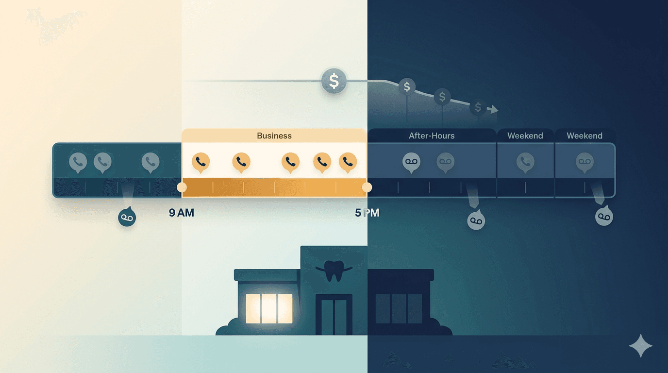 Timeline illustration showing business hours with answered calls versus after-hours and weekends with voicemail icons and dollar signs floating away from a darkened orthodontic office