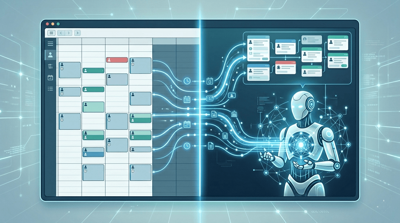 Split screen showing orthodontic scheduling calendar connected to AI system managing patient appointments