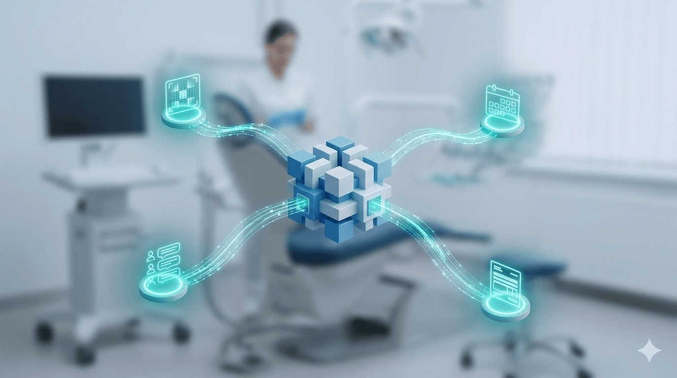 Diagram showing how AI tools connect to dental and orthodontic practice management software systems