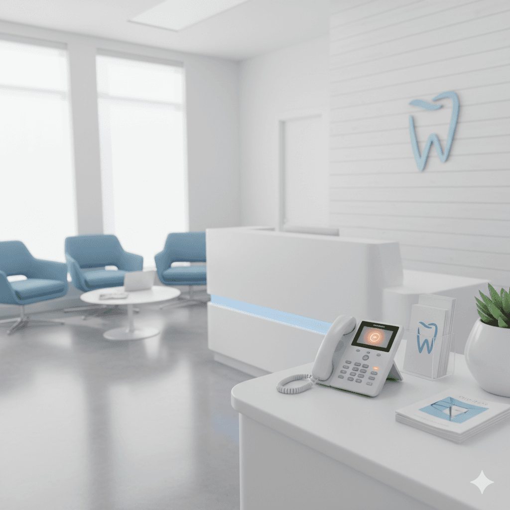 Modern orthodontic front desk with AI receptionist interface showing calls being answered and appointments being booked