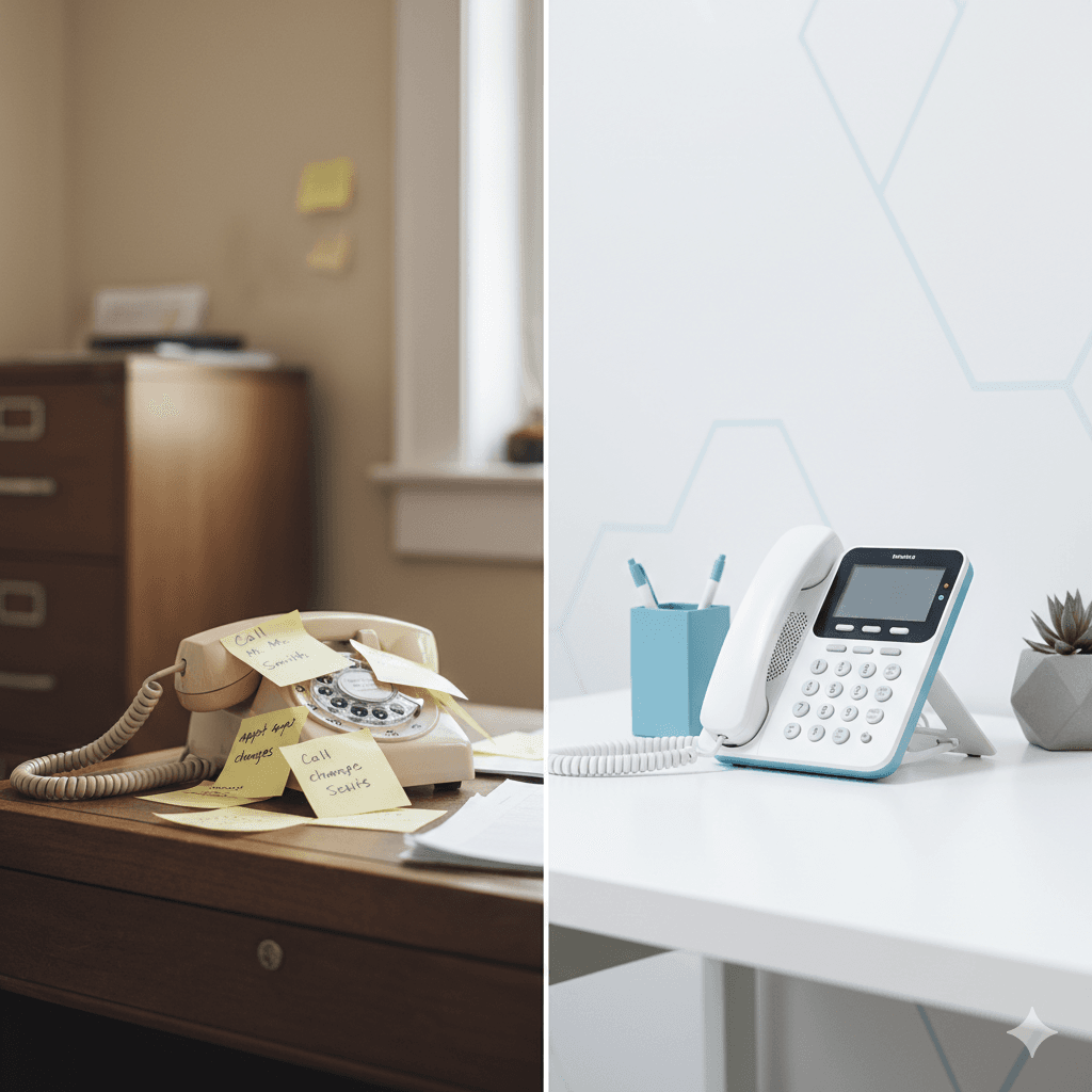 Side by side comparison of AI receptionist technology versus traditional answering service for orthodontic practices