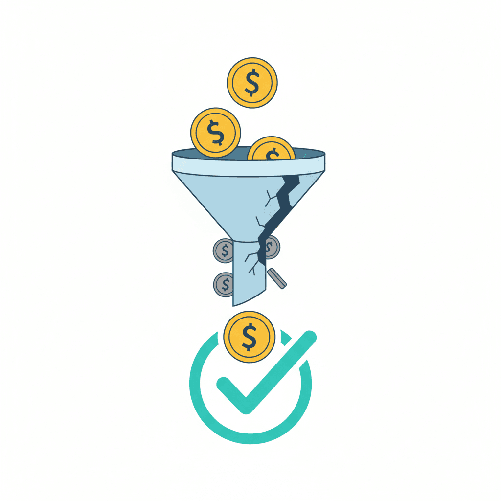 Marketing funnel with dollar coins leaking through cracks and a checkmark capturing conversions, representing orthodontic patient acquisition cost optimization