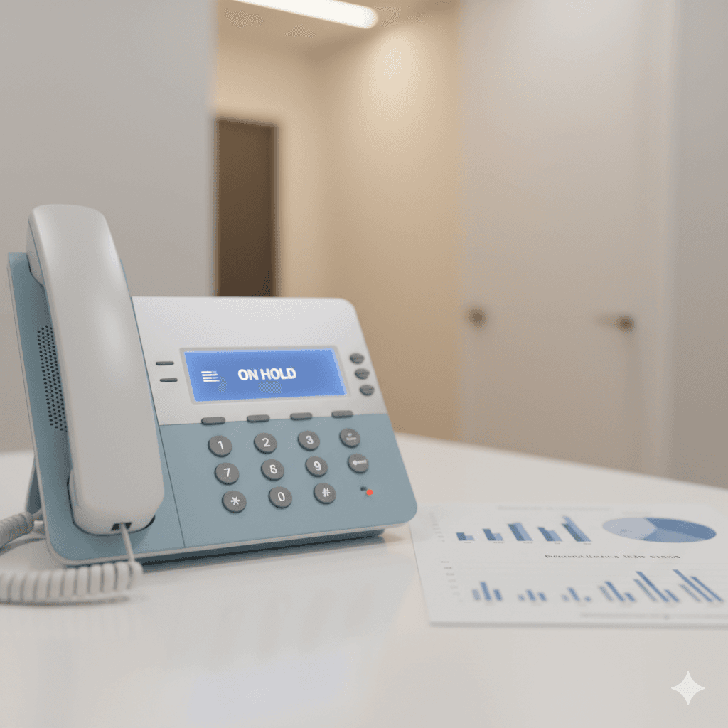 Office phone on hold at orthodontic front desk with revenue analytics report showing missed call impact