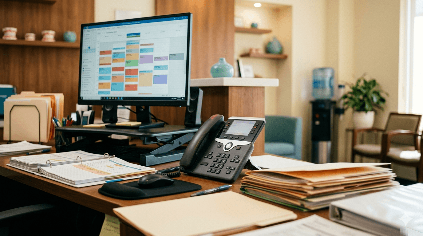 Orthodontic front desk with phone, scheduling monitor, and patient files showing busy office environment