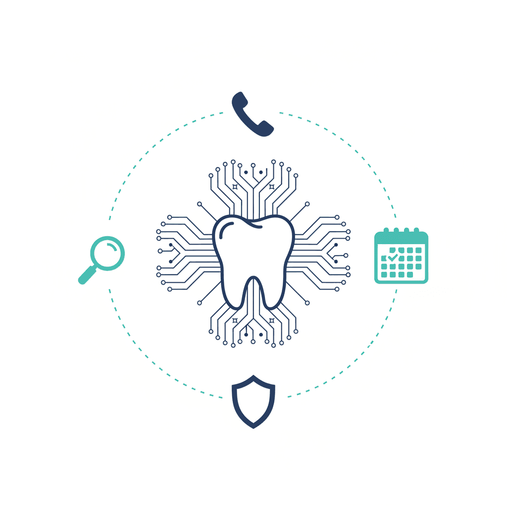 Tooth with AI circuit board pattern surrounded by phone, calendar, search, and security icons representing orthodontic AI workflow