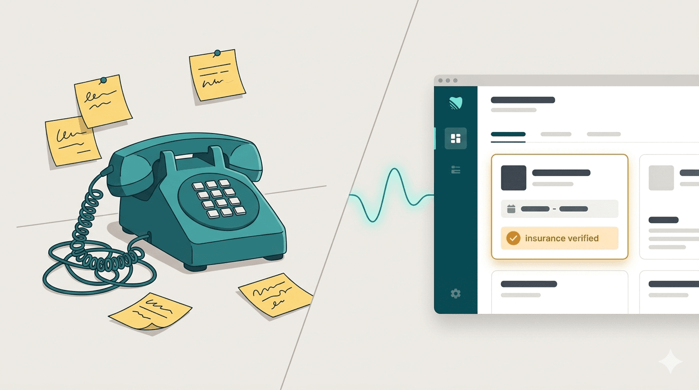 Split illustration comparing a traditional rotary phone surrounded by scattered sticky note messages versus a modern AI receptionist dashboard showing insurance verified and appointment details