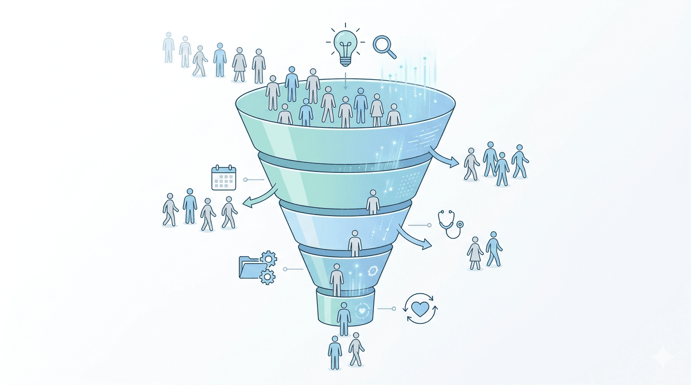 Patient conversion funnel illustration showing people entering at top and converting through five stages to treatment start