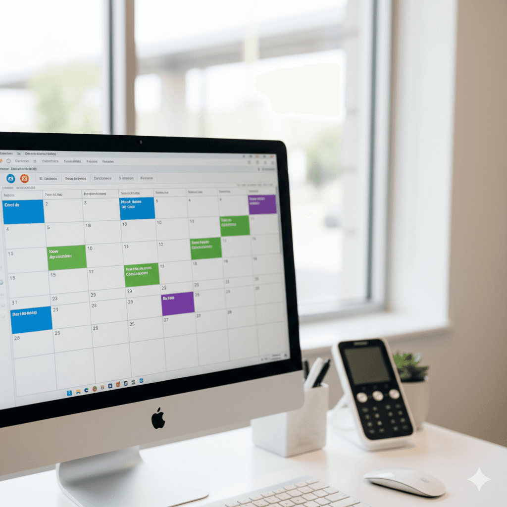 Practice management system calendar on iMac showing orthodontic appointments with AI receptionist phone on desk