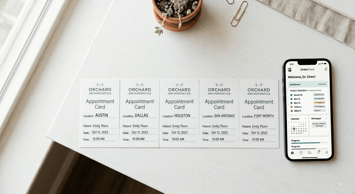 Multi-location orthodontic practice appointment cards with Orthia AI front desk mobile app