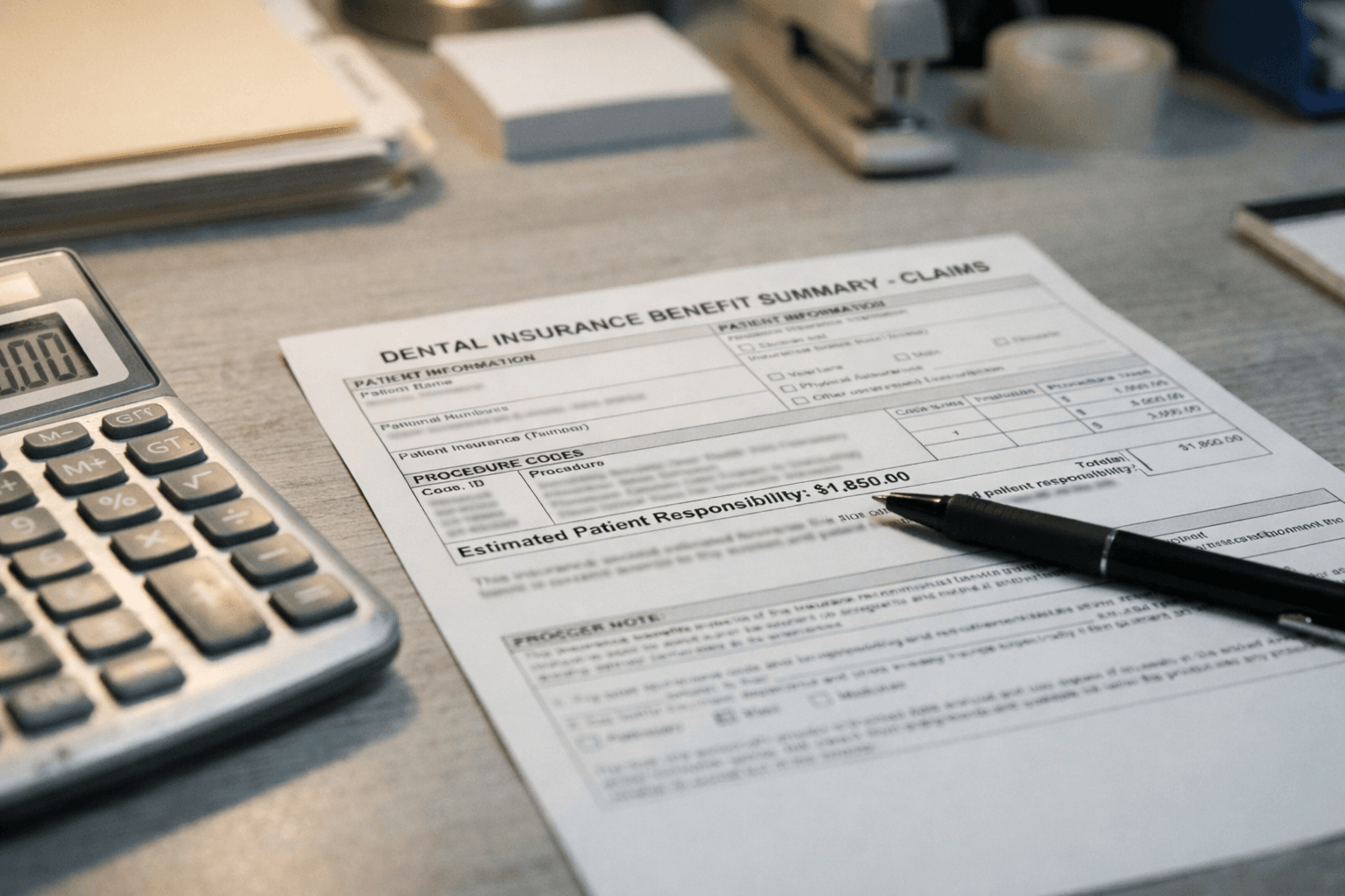 Dental insurance benefit summary claims form with calculator and pen on desk