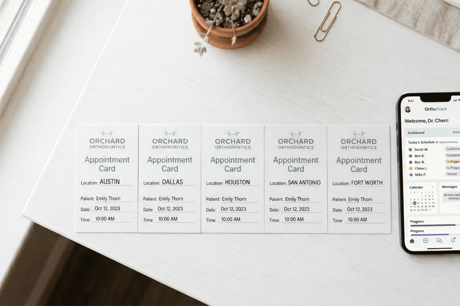 Multi-location orthodontic appointment cards for Austin, Dallas, Houston, San Antonio, and Fort Worth with Orthia mobile dashboard